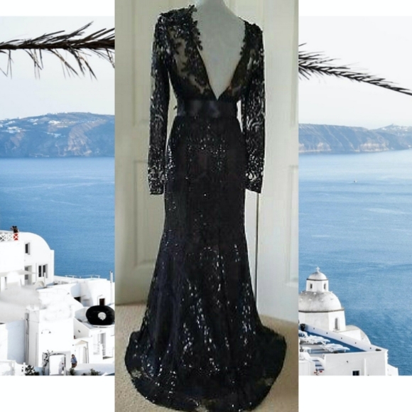 *$1,500.00 MARCHESA NOTTE EXCLUSIVE BLACK LACE BEAD RUNWAY GOWN SIZE US S - Picture 12 of 14